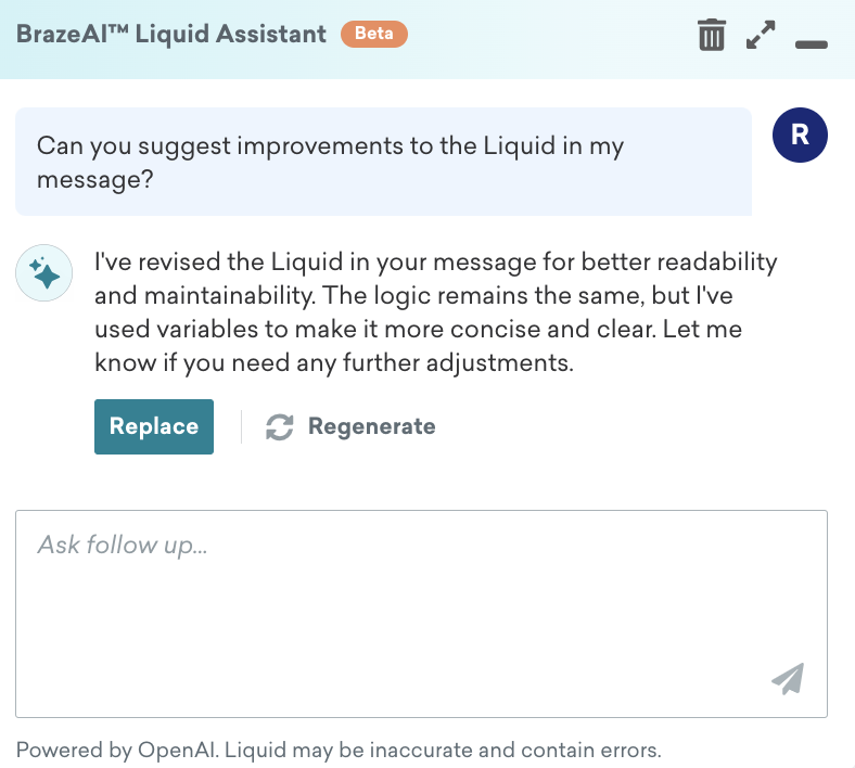 「Liquid を改善」プロンプトの出力例。