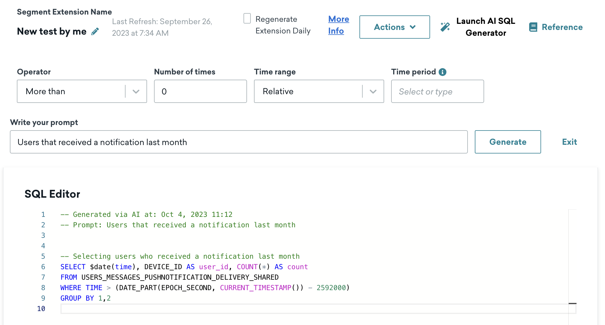 「先月に通知を受信したユーザー」というプロンプトが表示された AI SQL ジェネレーター