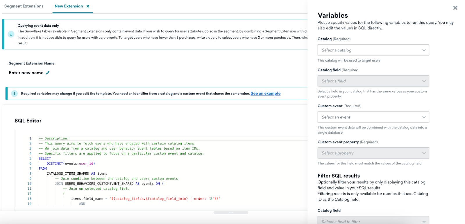 [変数] タブが開いた状態の新しいエクステンションの SQL エディター。