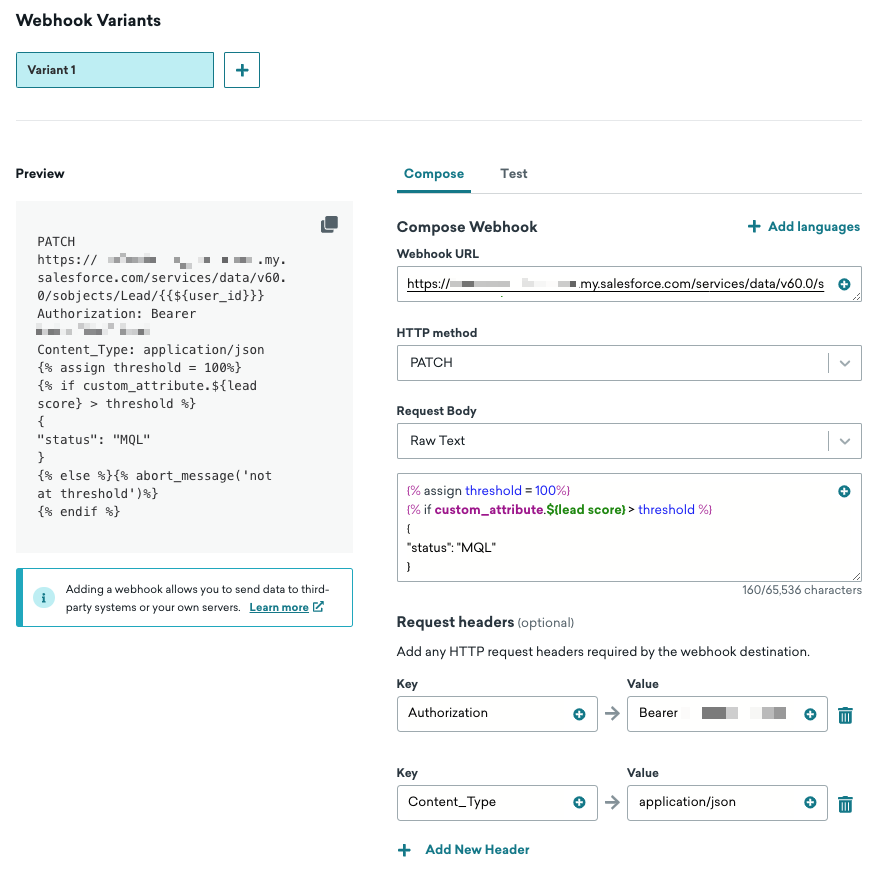 営業チームの Webhook URL、PATCH HTTP メソッド、生のテキストのリクエスト本文、およびリクエストヘッダーを含む、作成中の Webhook。