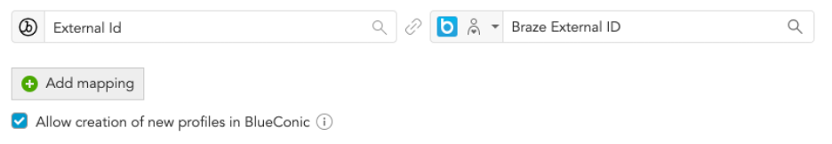Braze のフィールド「external ID」が、BlueConic の「Braze external ID」フィールドにマッピングするように設定されている。