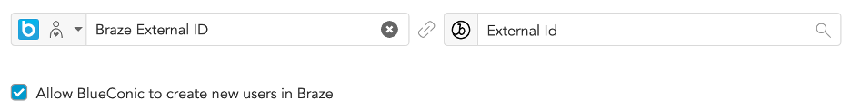 Braze のフィールド「external ID」が、BlueConic の「Braze external ID」フィールドにマッピングするように設定されている。
