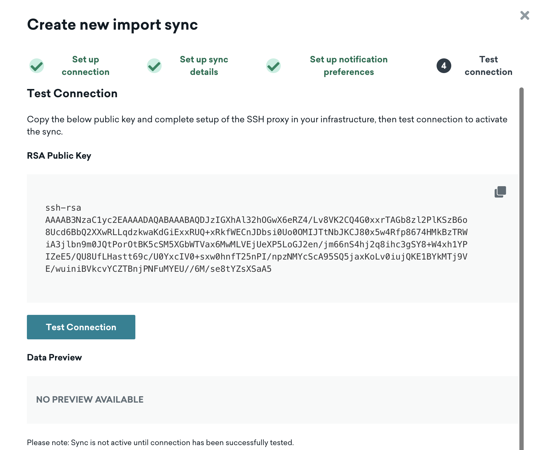 Braze ダッシュボードの Redshift プライベートネットワークの [新しいインポート同期の作成] ページのステップ4。RSA公開キーを表示する "テスト接続"