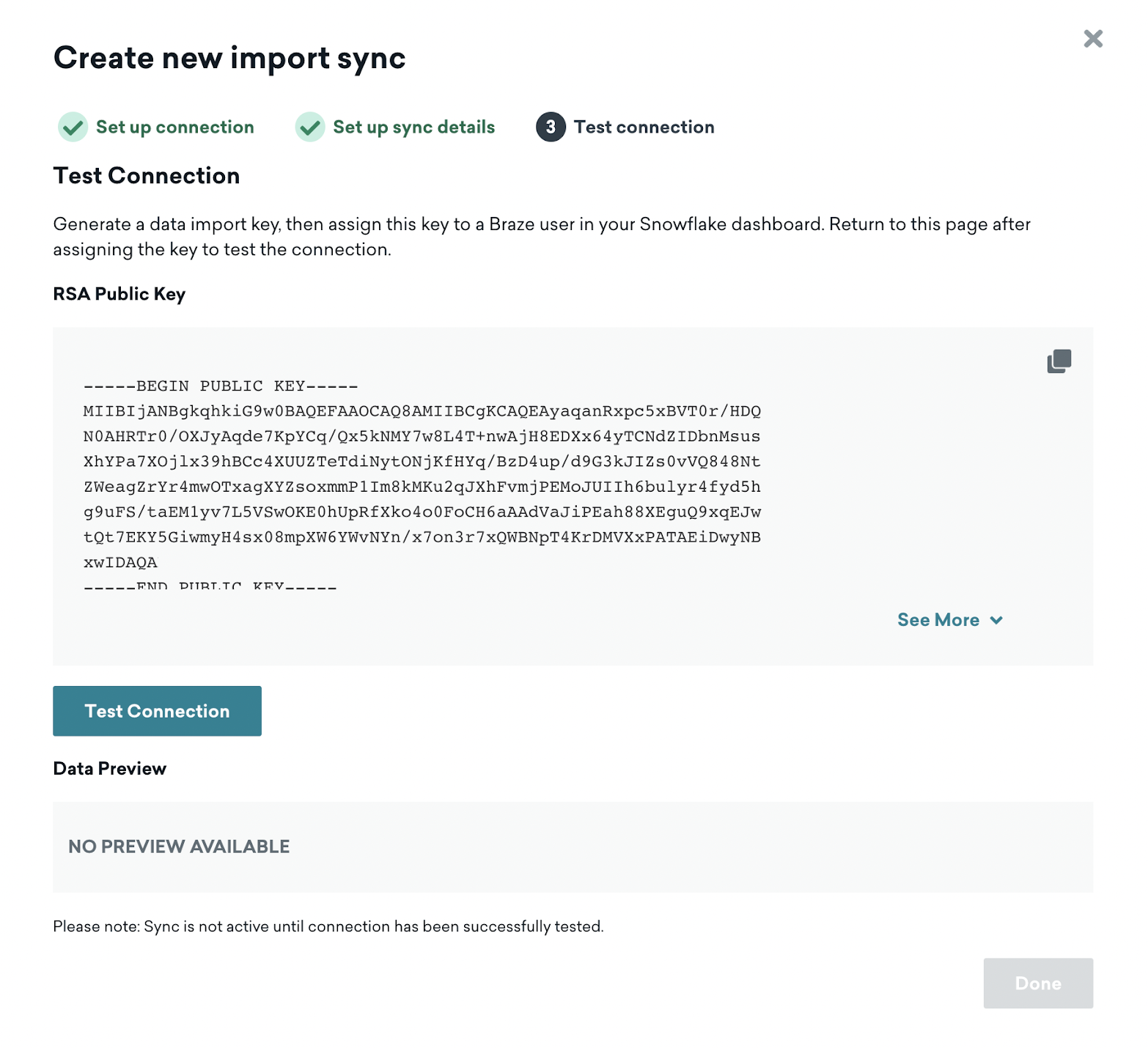 Braze ダッシュボードの Snowflake の [新しいインポート同期の作成] ページのステップ3。RSA公開キーを表示する "テスト接続"