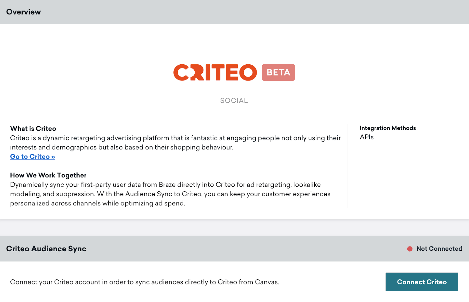 Braze の Criteo テクノロジーページ。[概要] セクション、[Criteo] セクション、[接続済みの Criteo] ボタンが表示されている。