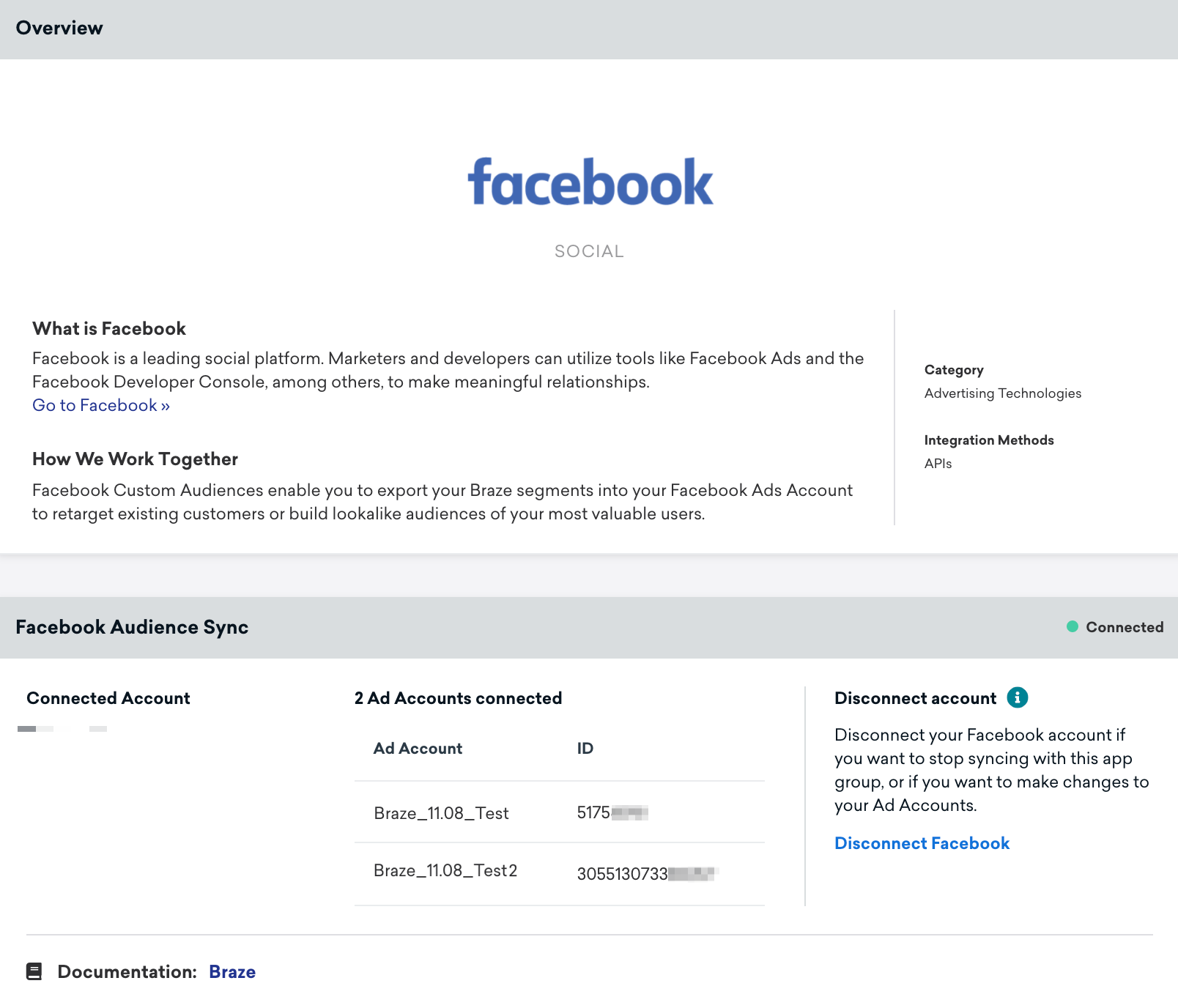 広告アカウントが接続されたことを示す更新後の Facebook テクノロジーパートナーページ。