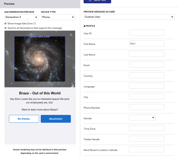 アプリ内メッセージを作成する際のテストタブ。「ユーザーとしてメッセージをプレビュー」が「カスタムユーザー」に設定され、利用可能なプロファイルのフィールドが設定可能なオプションとして表示されています。