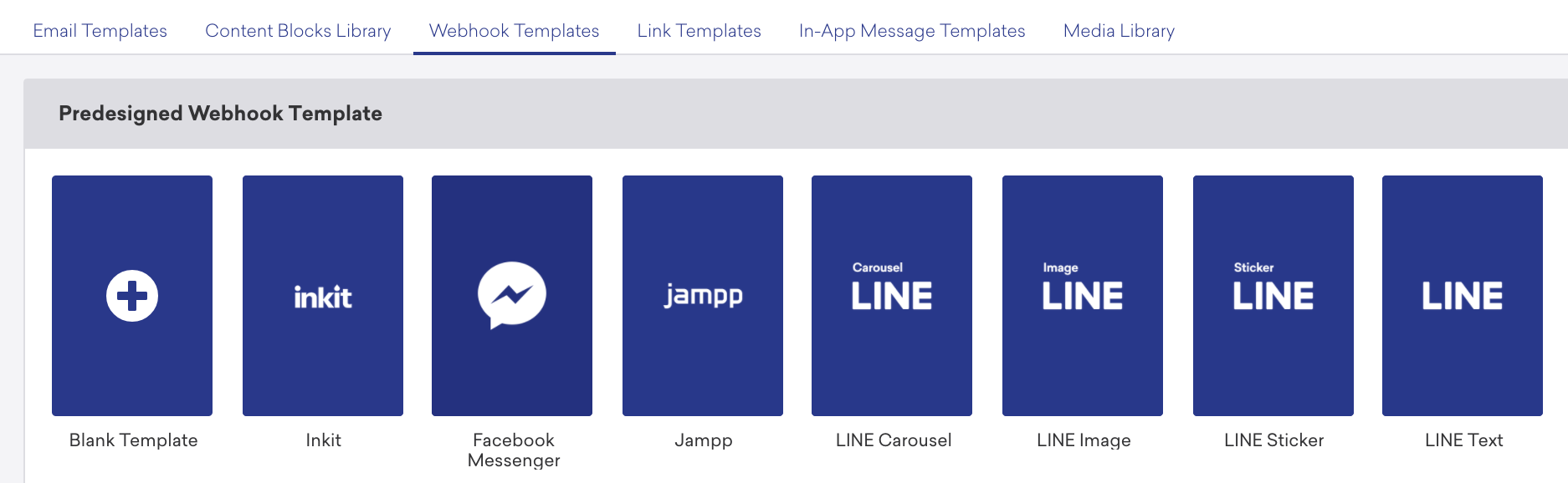 「Templates & Media」セクションの「Webhook Templates」タブにある、一連の利用可能な事前設計済み Webhook テンプレート。