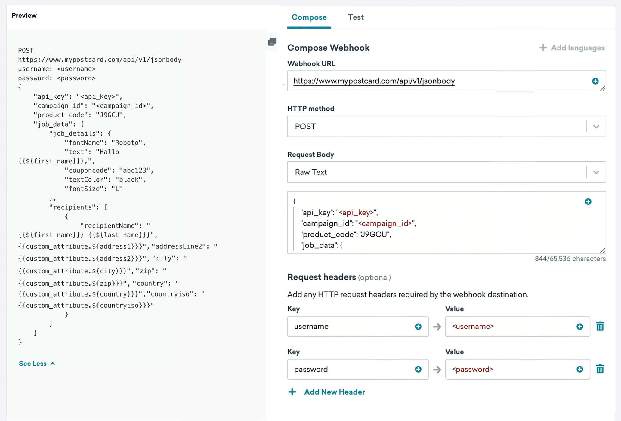 JSON 本文と Webhook 情報を示す [作成] タブ。