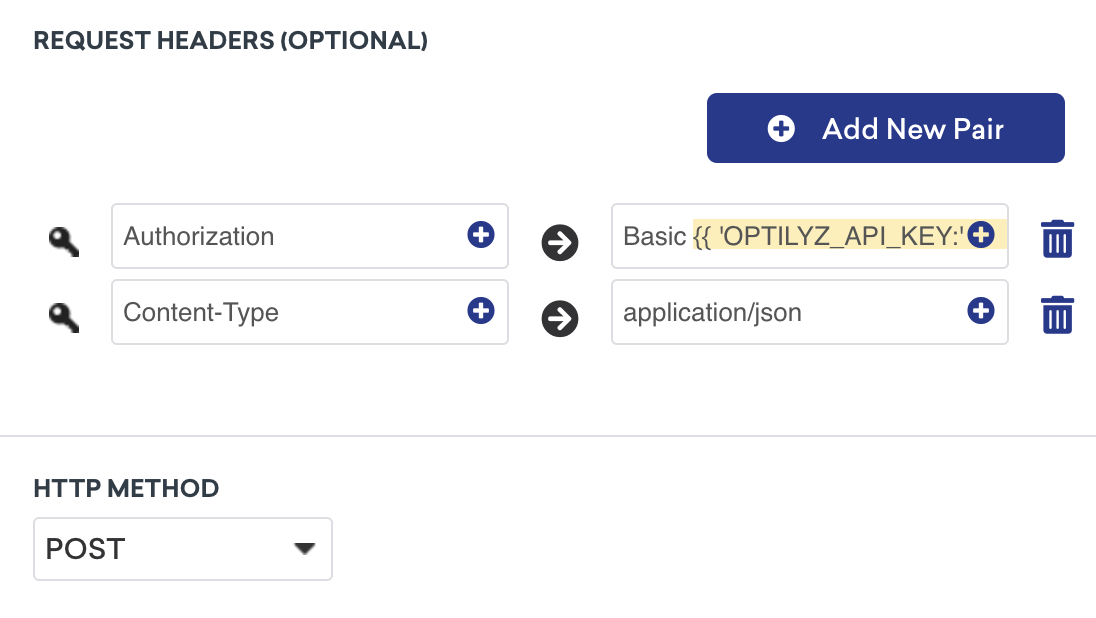 Braze webhookビルダーに表示されるリクエストヘッダーとHTTPメソッド。