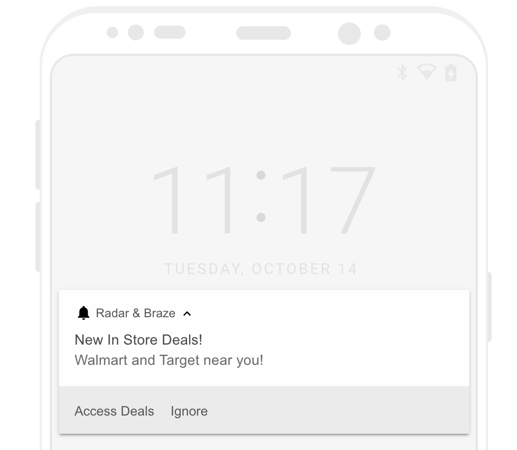 Android に表示されている「New In Store Deals, Walmart and target near you」というコネクテッドコンテンツプッシュメッセージ。