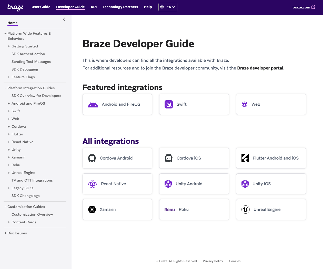 "The old navigation for the Braze Developer Guide."