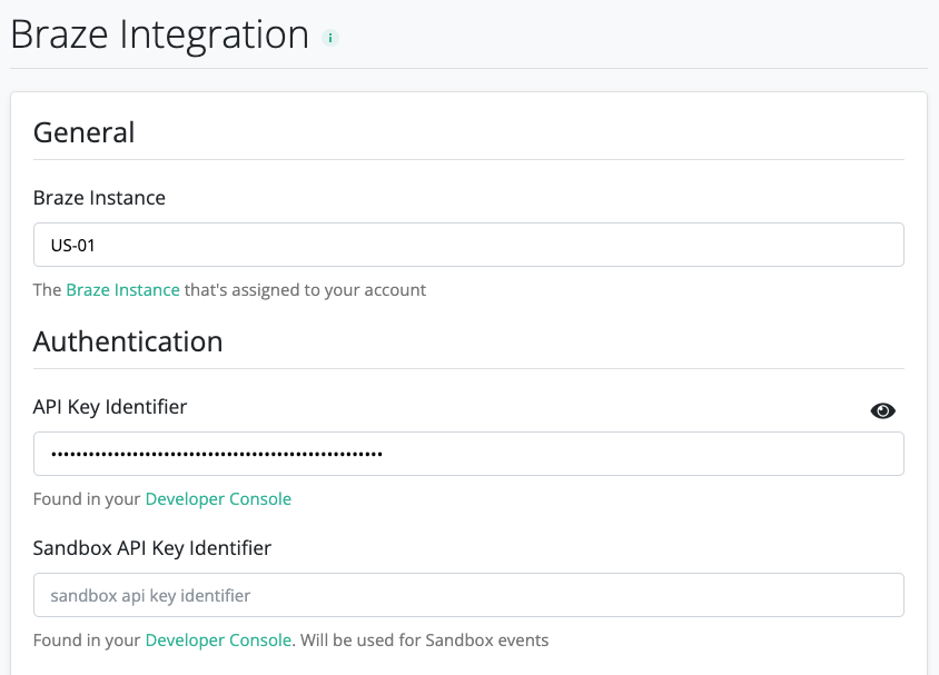 Braze インスタンス、API キー識別子、およびサンドボックス識別子のフィールドを含む RevenueCat での Braze 設定。