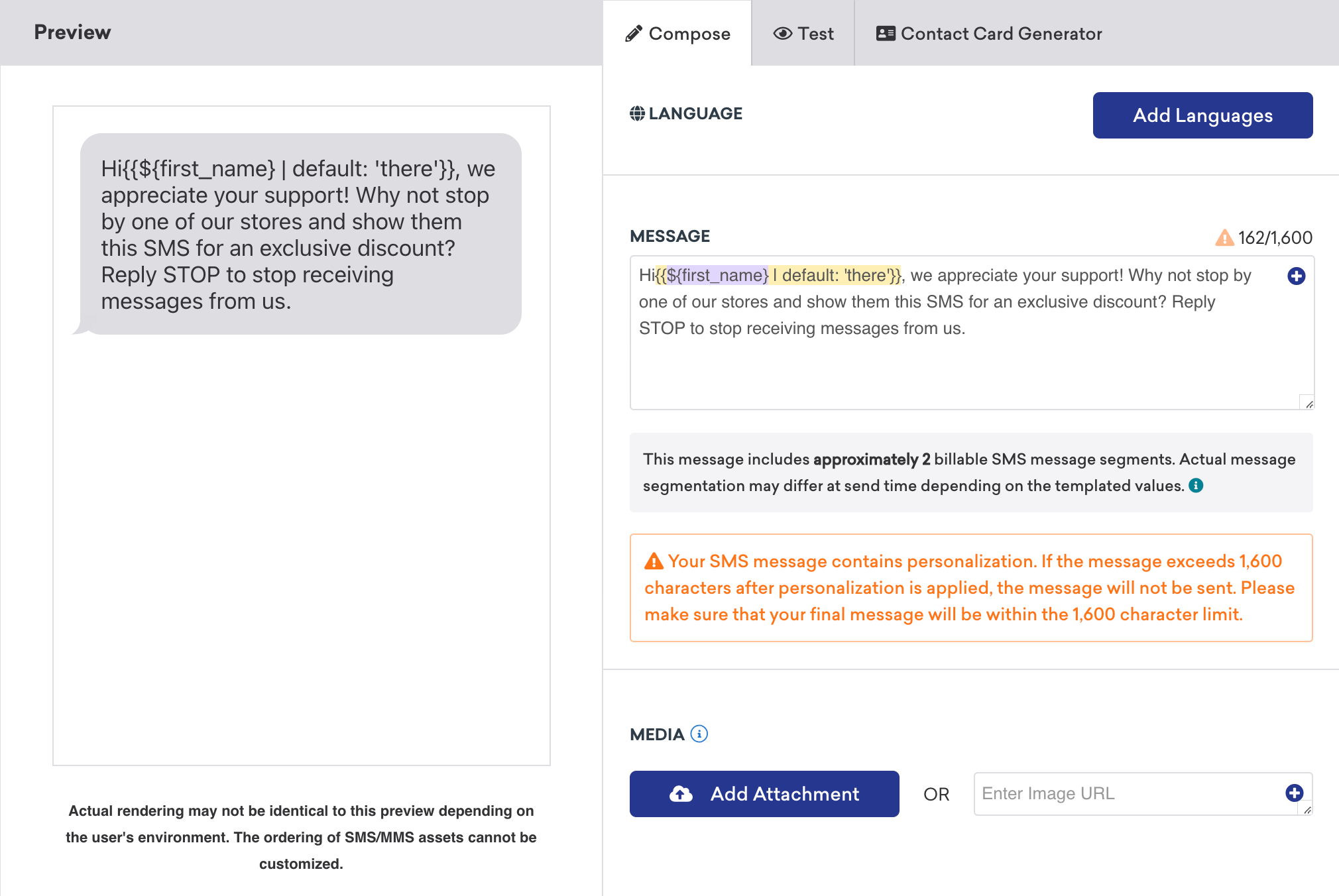 次のメッセージを含む Braze の SMS コンポーザー: 「first_name さん、いつも応援していただきありがとうございます。このSMSを見せれば、特別割引が適用される。メッセージの受信を中止するには STOP と返信してください。」