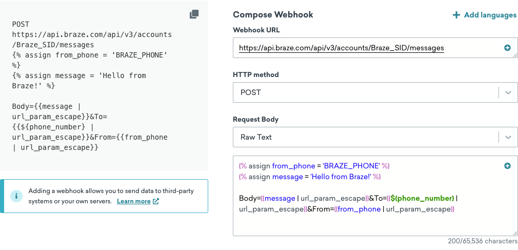 Webhookテンプレート作成時の「Compose」タブ。利用可能なフィールドは、Webhook URL、HTTP メソッド、リクエスト本文、リクエストヘッダーである。言語を追加することもできる。