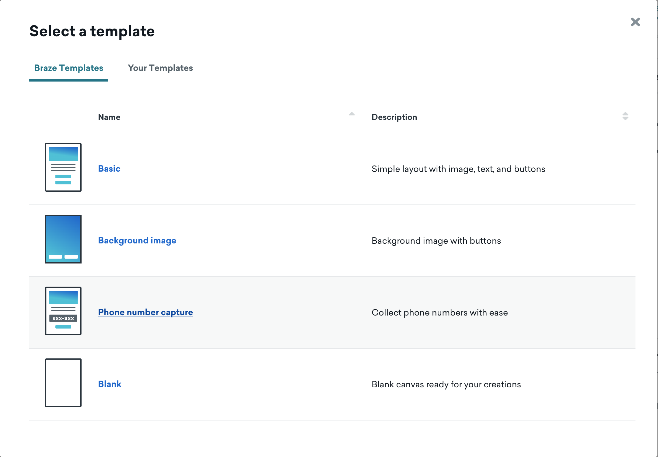 「基本」、「背景画像」、「電話番号キャプチャ」、「空白」の各テンプレートを選択できる「Braze テンプレート」セクション。