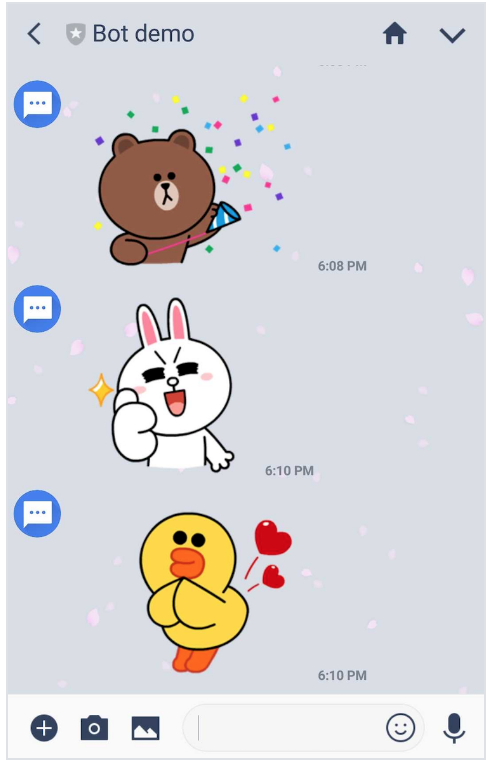 複数のスタンプメッセージの表示例を示す LINE メッセージング ＵＩ。これらの例は、祝うクマ、親指を立てるウサギ、黄色いアヒルである。