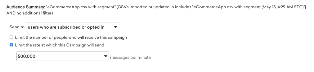 キャンペーンの送信レートを制限するためのチェックボックスが選択されておりレートが500,000/分に設定されている「オーディエンスの概要」。