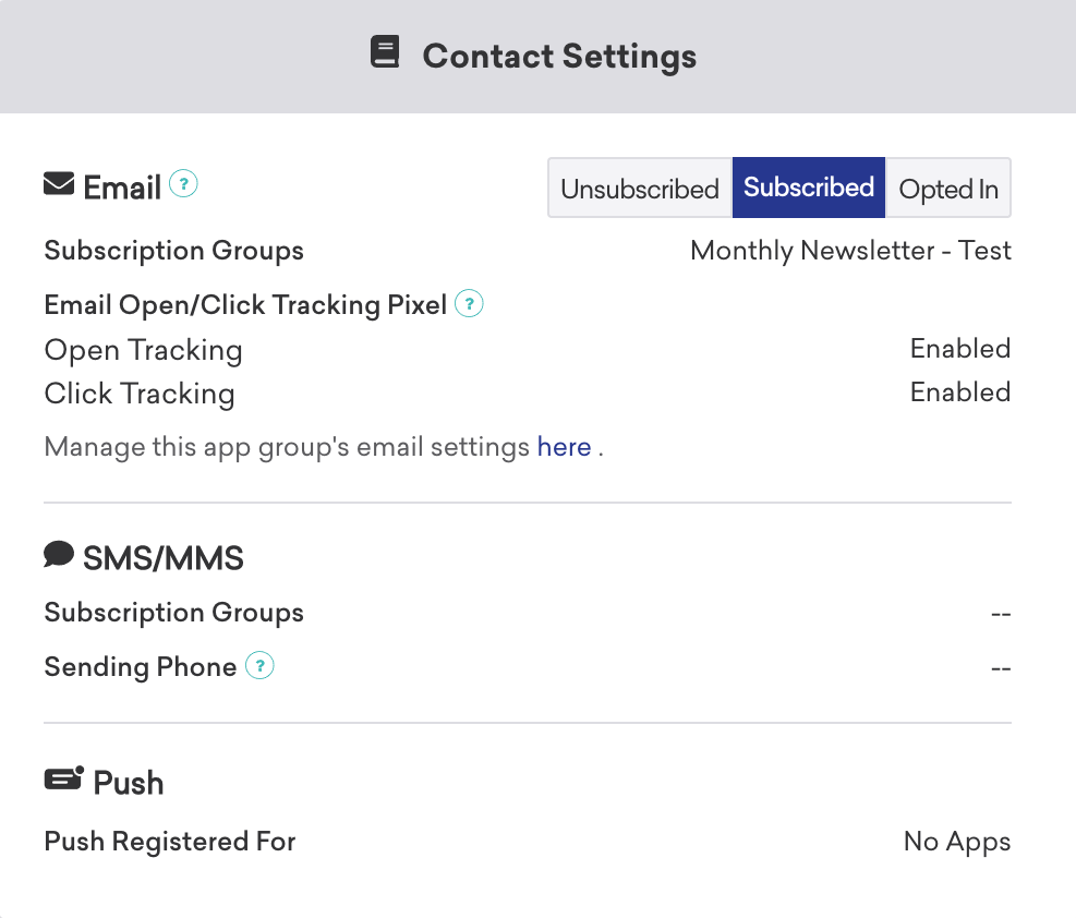 ユーザーの連絡先設定を表示するユーザープロファイル。[プッシュ] の下に、[アプリなし] が表示されます。