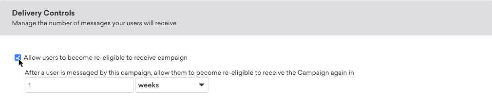1 週間後に [ユーザーがキャンペーンを再度受信できるようにする] チェックボックスをオンにしたキャンペーン。